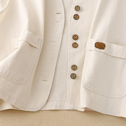 Buddha Stones Solid Color Front Buttons Sleeveless Women's Cotton Waistcoat With Pockets