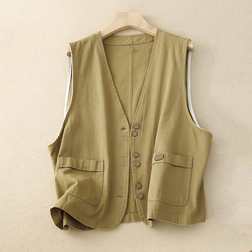 Buddha Stones Solid Color Front Buttons Sleeveless Women's Cotton Waistcoat With Pockets