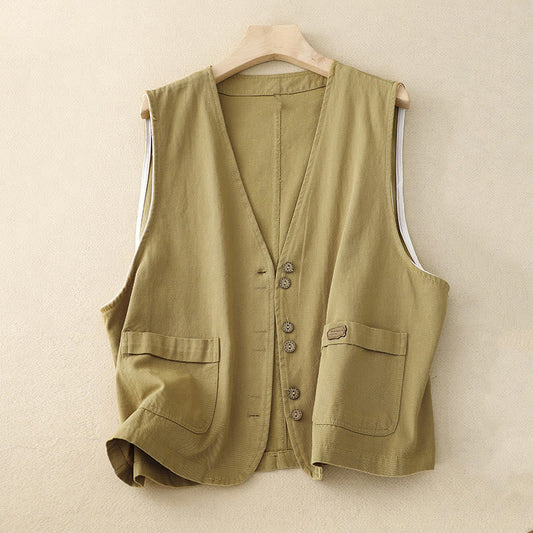 Buddha Stones Solid Color Front Buttons Sleeveless Women's Cotton Waistcoat With Pockets