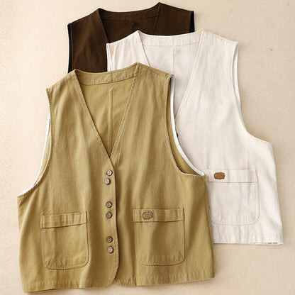 Buddha Stones Solid Color Front Buttons Sleeveless Women's Cotton Waistcoat With Pockets