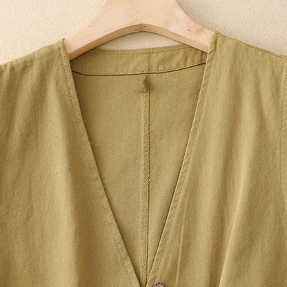 Buddha Stones Solid Color Front Buttons Sleeveless Women's Cotton Waistcoat With Pockets