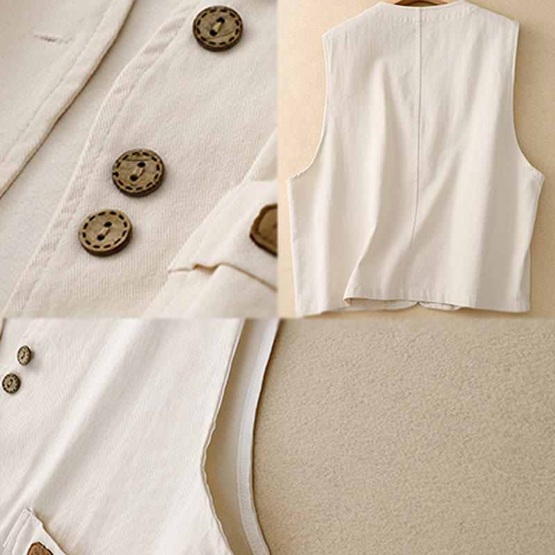 Buddha Stones Solid Color Front Buttons Sleeveless Women's Cotton Waistcoat With Pockets
