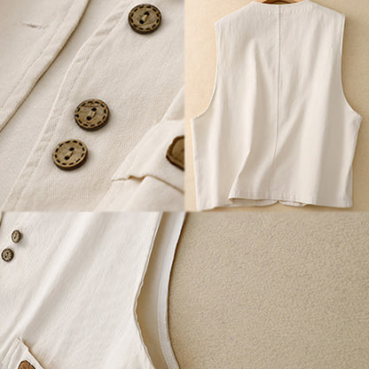 Buddha Stones Solid Color Front Buttons Sleeveless Women's Cotton Waistcoat With Pockets