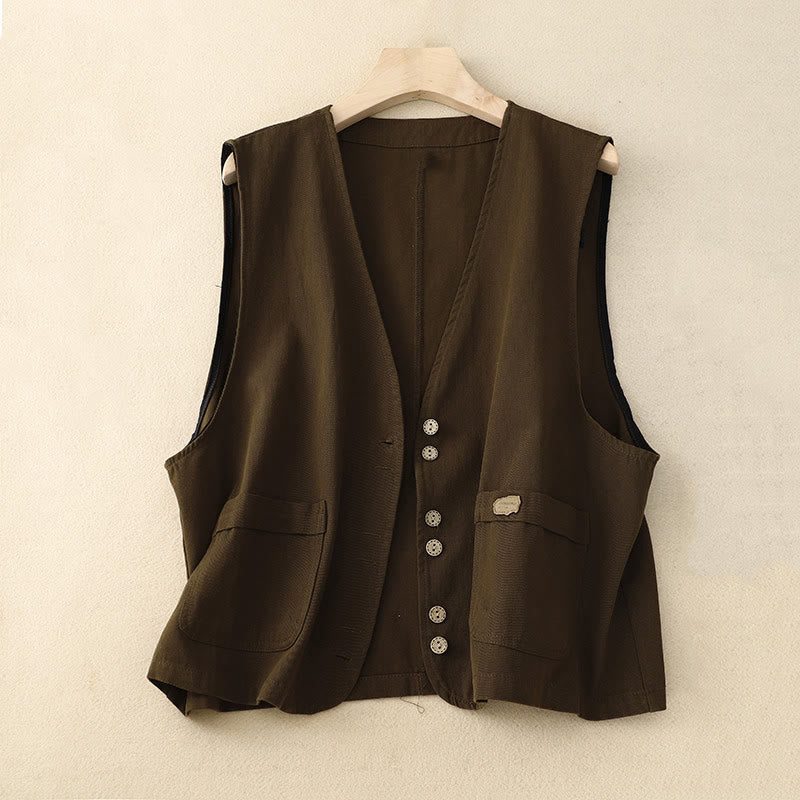 Buddha Stones Solid Color Front Buttons Sleeveless Women's Cotton Waistcoat With Pockets