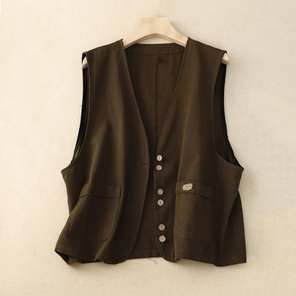 Buddha Stones Solid Color Front Buttons Sleeveless Women's Cotton Waistcoat With Pockets