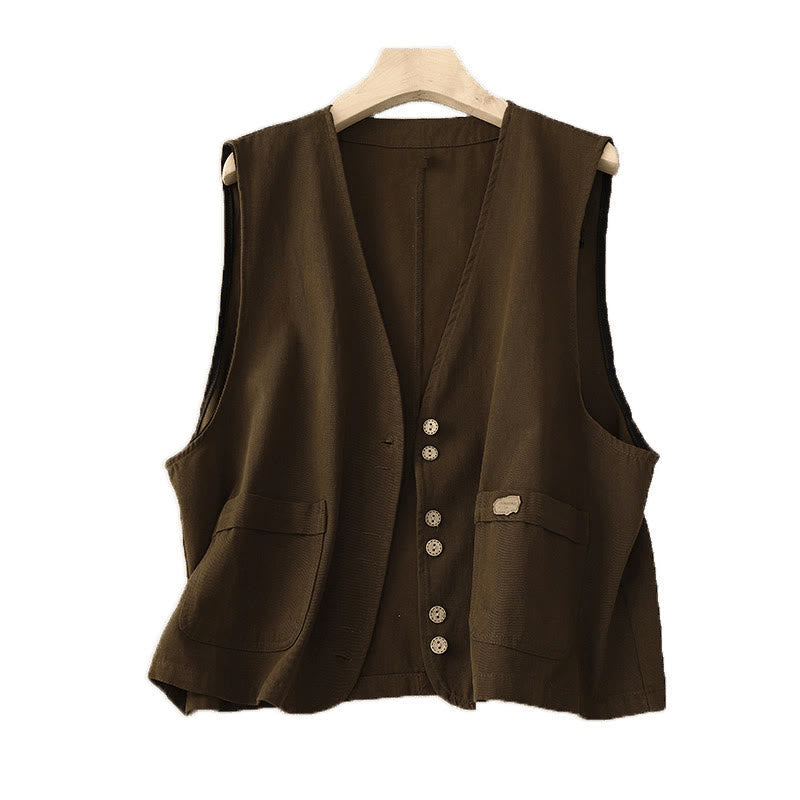 Buddha Stones Solid Color Front Buttons Sleeveless Women's Cotton Waistcoat With Pockets