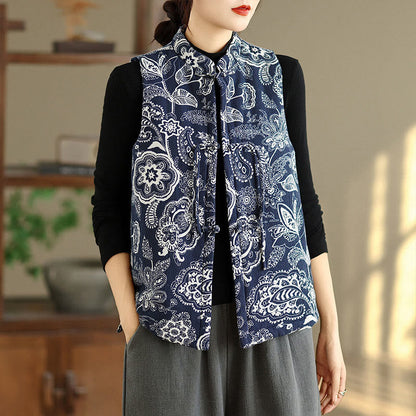 Buddha Stones Plant Pattern Frog-button Women's Sleeveless Cotton Vest Waistcoat With Pockets