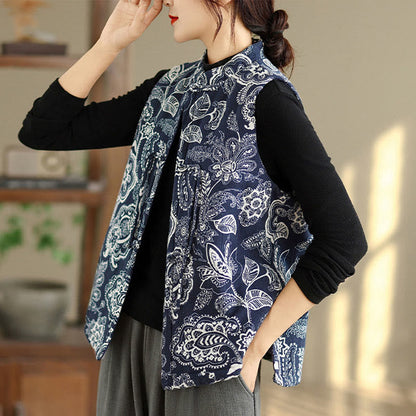 Buddha Stones Plant Pattern Frog-button Women's Sleeveless Cotton Vest Waistcoat With Pockets