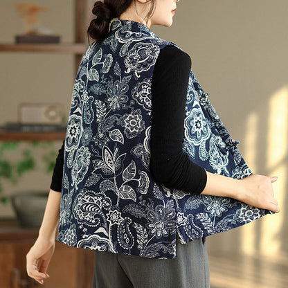 Buddha Stones Plant Pattern Frog-button Women's Sleeveless Cotton Vest Waistcoat With Pockets
