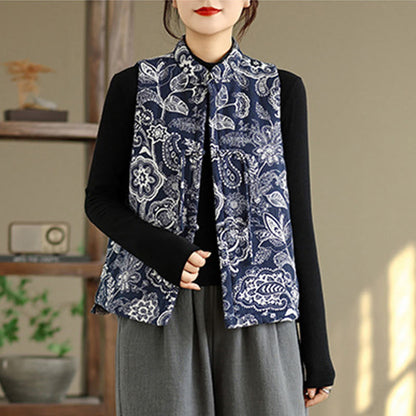 Buddha Stones Plant Pattern Frog-button Women's Sleeveless Cotton Vest Waistcoat With Pockets