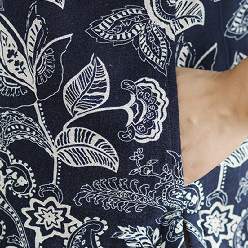 Buddha Stones Plant Pattern Frog-button Women's Sleeveless Cotton Vest Waistcoat With Pockets