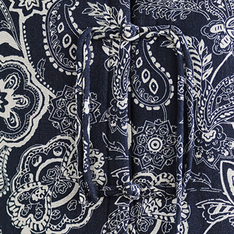 Buddha Stones Plant Pattern Frog-button Women's Sleeveless Cotton Vest Waistcoat With Pockets