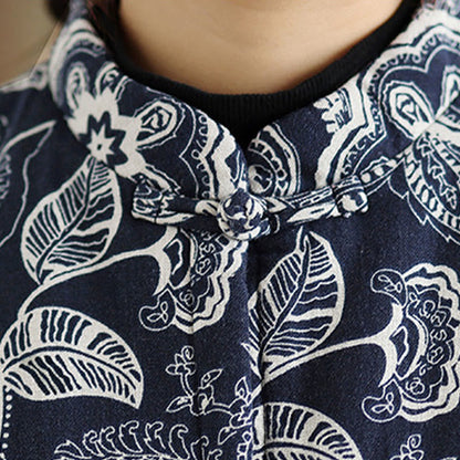 Buddha Stones Plant Pattern Frog-button Women's Sleeveless Cotton Vest Waistcoat With Pockets