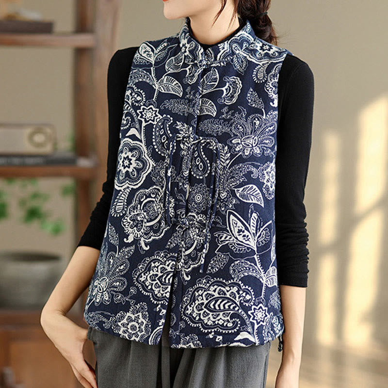 Buddha Stones Plant Pattern Frog-button Women's Sleeveless Cotton Vest Waistcoat With Pockets