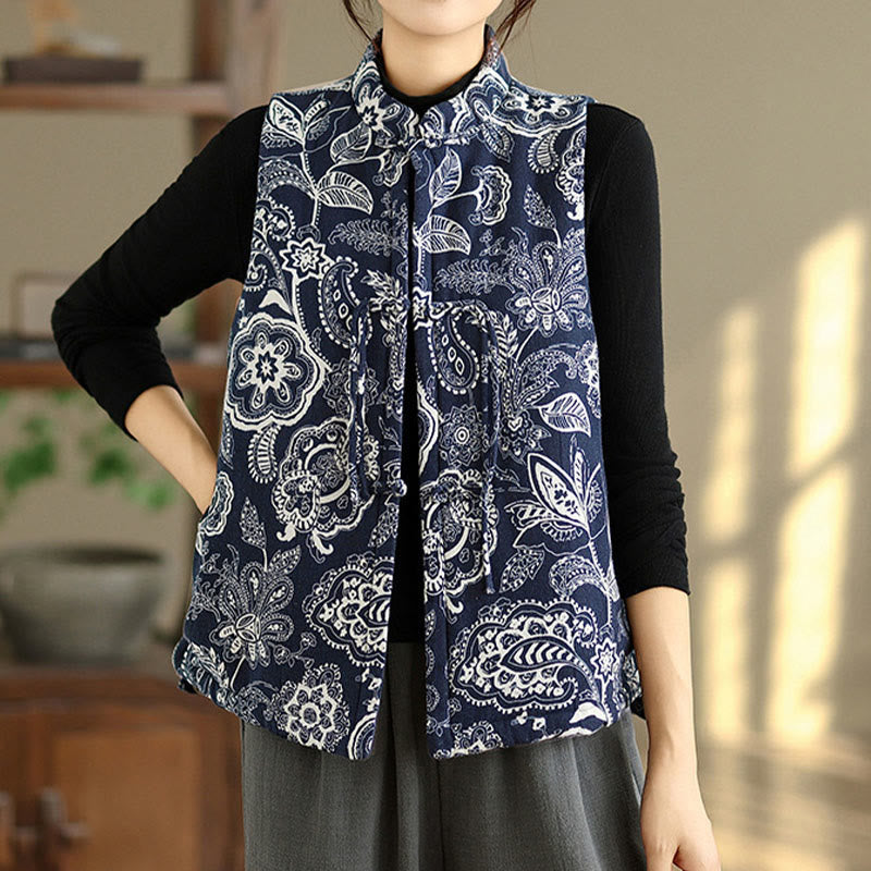 Buddha Stones Plant Pattern Frog-button Women's Sleeveless Cotton Vest Waistcoat With Pockets