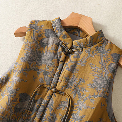 Buddha Stones Crane Flowers Branches Frog-Button Pattern Cotton Women's Sleeveless Vest Waistcoat
