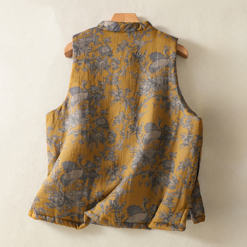 Buddha Stones Crane Flowers Branches Frog-Button Pattern Cotton Women's Sleeveless Vest Waistcoat