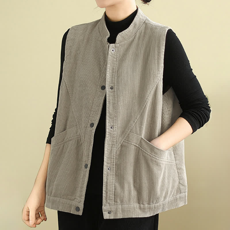 Buddha Stones Plain Sleeveless Women's Vest Corduroy Waistcoat With Pockets