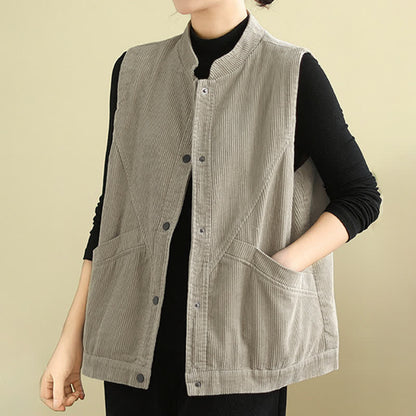 Buddha Stones Plain Sleeveless Women's Vest Corduroy Waistcoat With Pockets