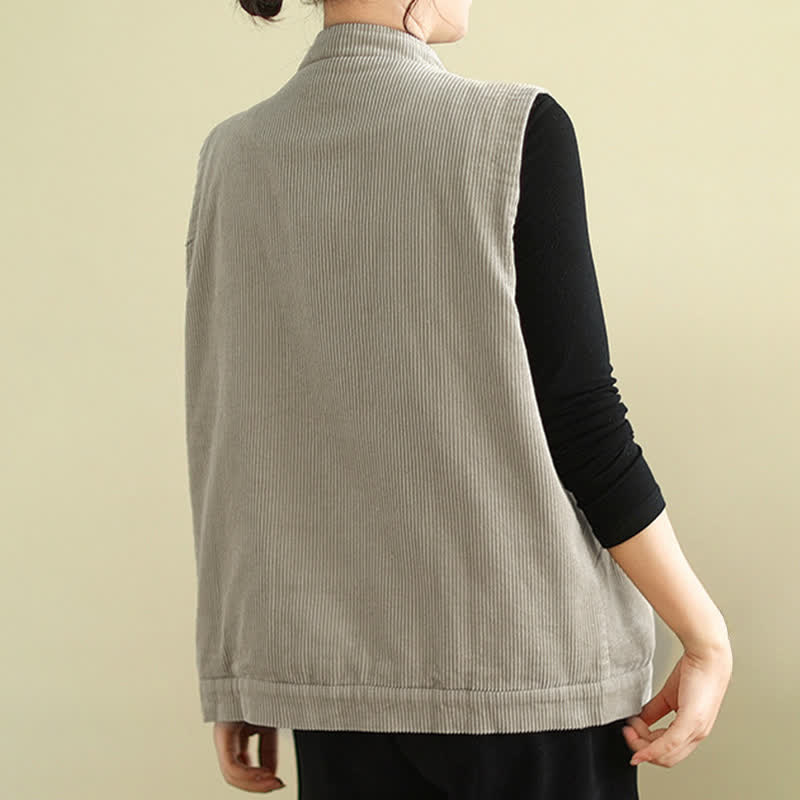 Buddha Stones Plain Sleeveless Women's Vest Corduroy Waistcoat With Pockets