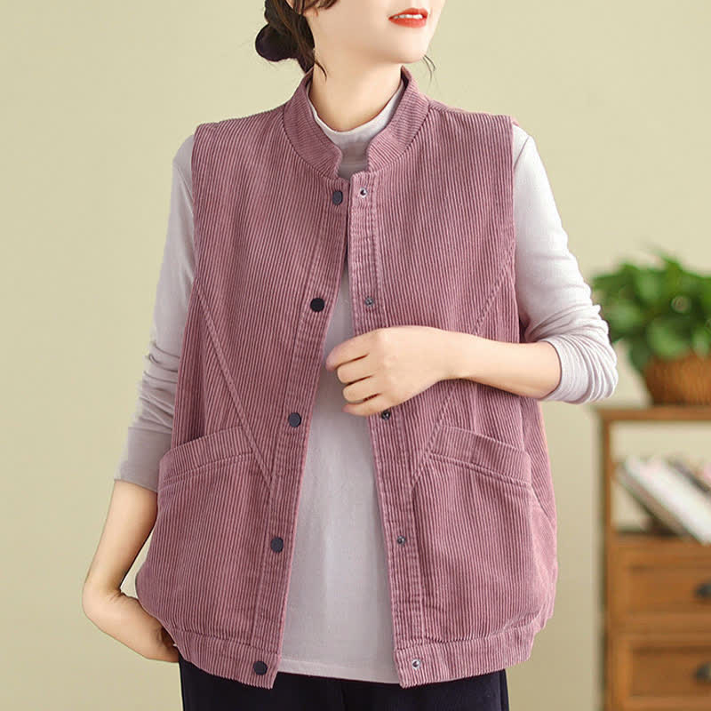 Buddha Stones Plain Sleeveless Women's Vest Corduroy Waistcoat With Pockets