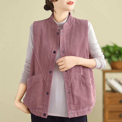 Buddha Stones Plain Sleeveless Women's Vest Corduroy Waistcoat With Pockets