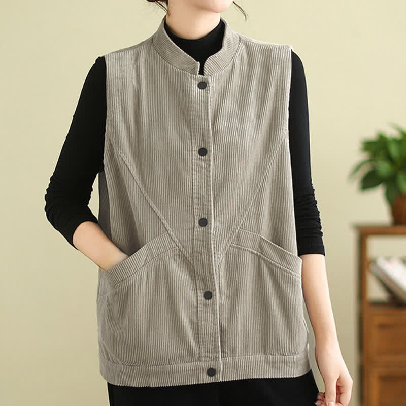 Buddha Stones Plain Sleeveless Women's Vest Corduroy Waistcoat With Pockets