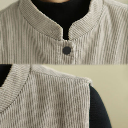 Buddha Stones Plain Sleeveless Women's Vest Corduroy Waistcoat With Pockets