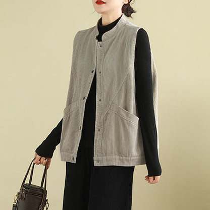 Buddha Stones Plain Sleeveless Women's Vest Corduroy Waistcoat With Pockets