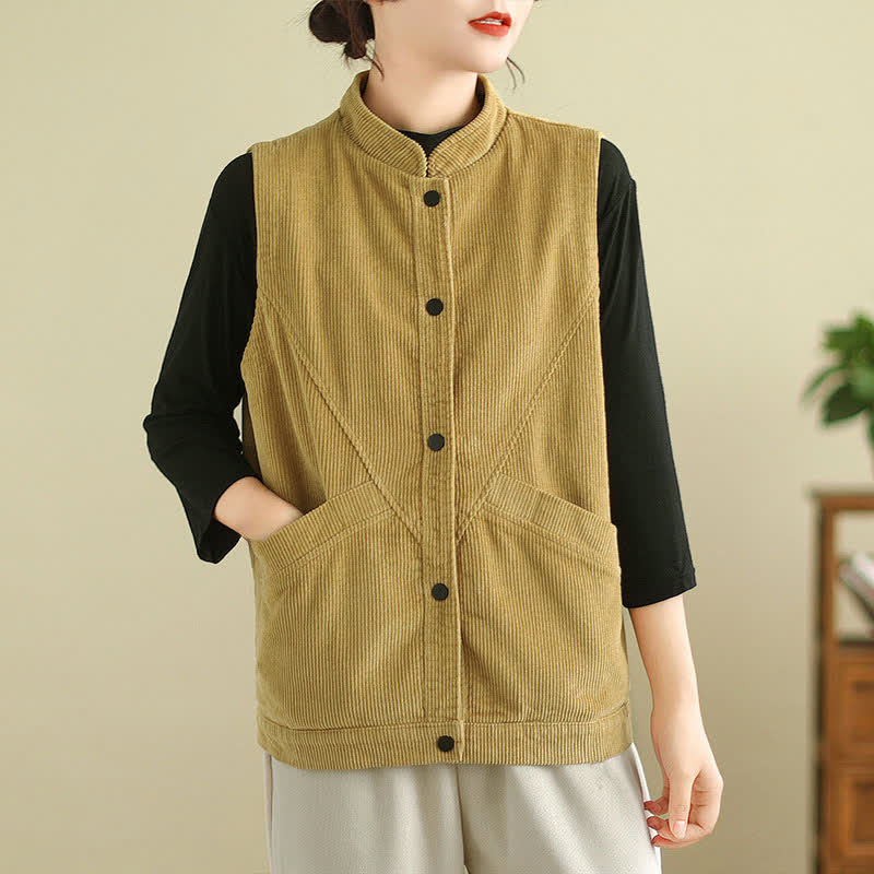 Buddha Stones Plain Sleeveless Women's Vest Corduroy Waistcoat With Pockets