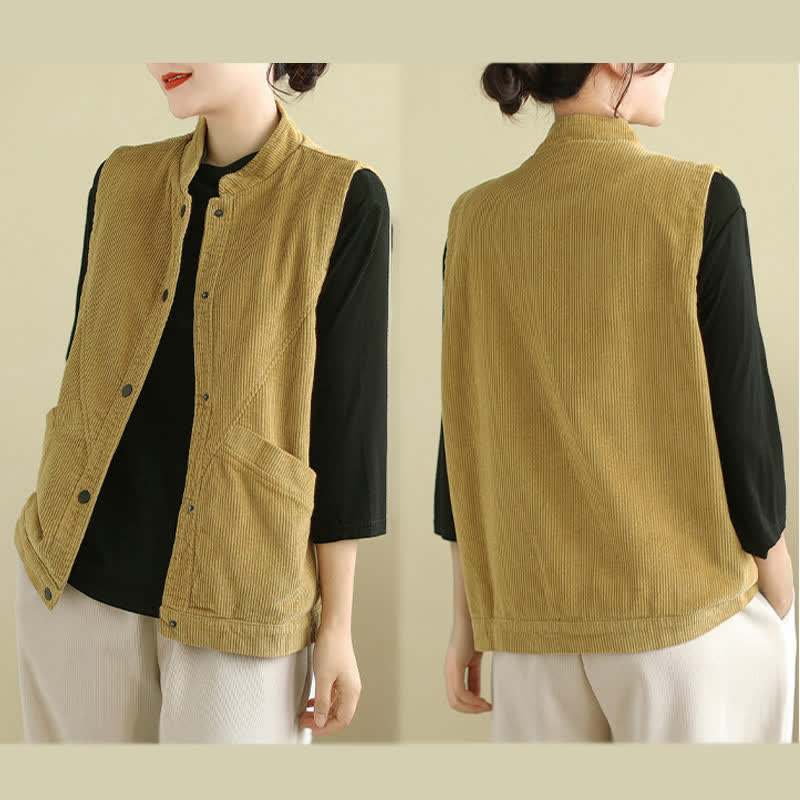Buddha Stones Plain Sleeveless Women's Vest Corduroy Waistcoat With Pockets
