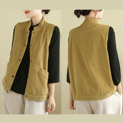 Buddha Stones Plain Sleeveless Women's Vest Corduroy Waistcoat With Pockets