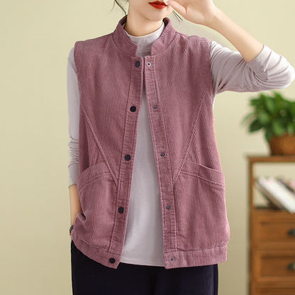 Buddha Stones Plain Sleeveless Women's Vest Corduroy Waistcoat With Pockets