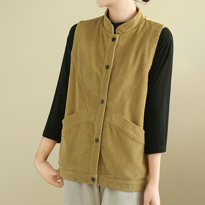 Buddha Stones Plain Sleeveless Women's Vest Corduroy Waistcoat With Pockets