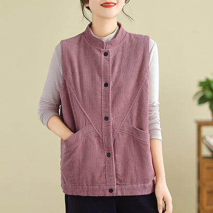 Buddha Stones Plain Sleeveless Women's Vest Corduroy Waistcoat With Pockets