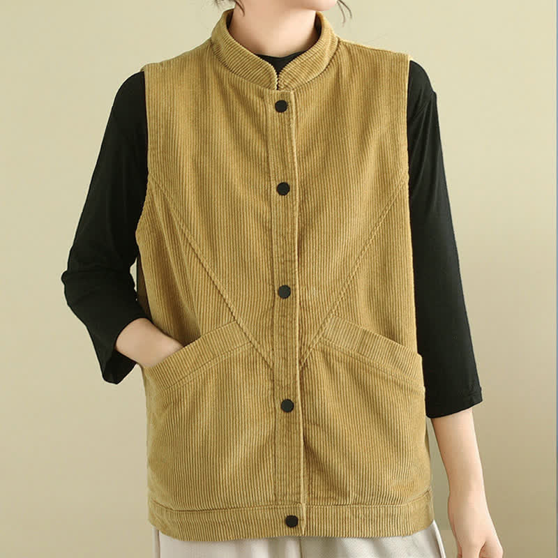 Buddha Stones Plain Sleeveless Women's Vest Corduroy Waistcoat With Pockets