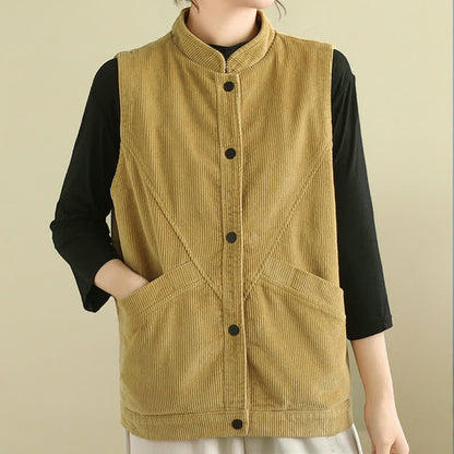 Buddha Stones Plain Sleeveless Women's Vest Corduroy Waistcoat With Pockets