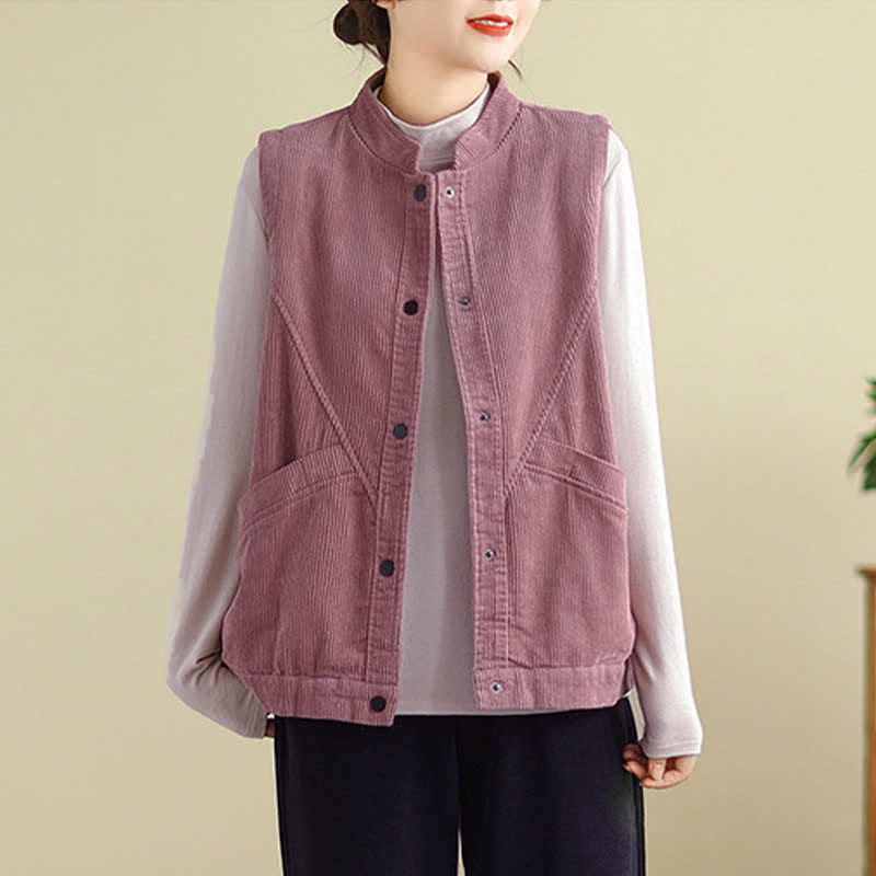 Buddha Stones Plain Sleeveless Women's Vest Corduroy Waistcoat With Pockets