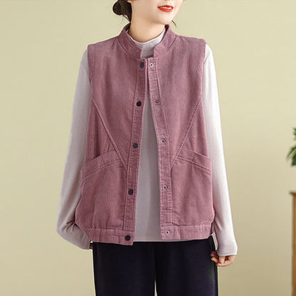 Buddha Stones Plain Sleeveless Women's Vest Corduroy Waistcoat With Pockets