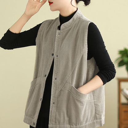 Buddha Stones Plain Sleeveless Women's Vest Corduroy Waistcoat With Pockets