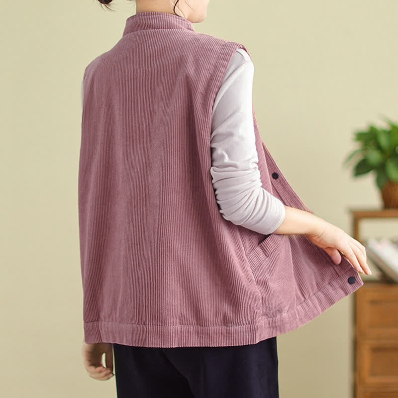 Buddha Stones Plain Sleeveless Women's Vest Corduroy Waistcoat With Pockets