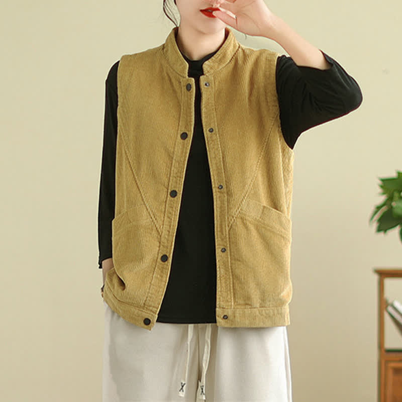Buddha Stones Plain Sleeveless Women's Vest Corduroy Waistcoat With Pockets