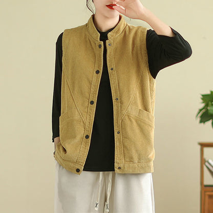 Buddha Stones Plain Sleeveless Women's Vest Corduroy Waistcoat With Pockets