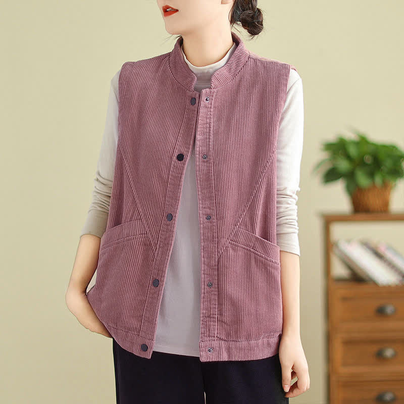 Buddha Stones Plain Sleeveless Women's Vest Corduroy Waistcoat With Pockets
