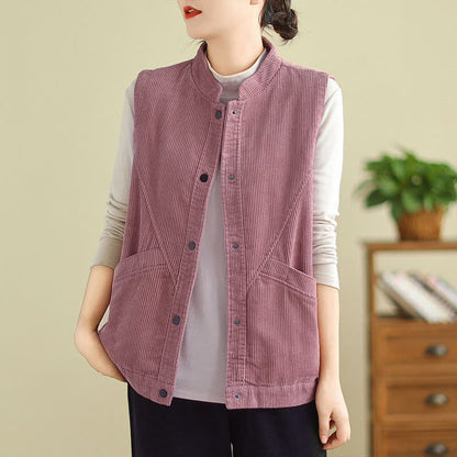 Buddha Stones Plain Sleeveless Women's Vest Corduroy Waistcoat With Pockets