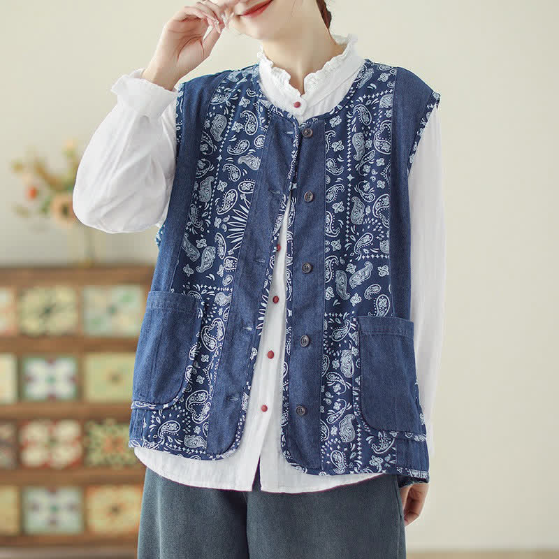 Buddha Stones Spring Fall Vintage Boho Button-Up Floral Tank Top Women's Vest With Pocket