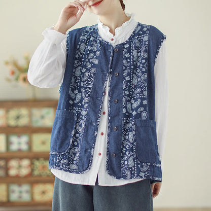 Buddha Stones Spring Fall Vintage Boho Button-Up Floral Tank Top Women's Vest With Pocket