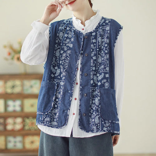 Buddha Stones Spring Fall Vintage Boho Button-Up Floral Tank Top Women's Vest With Pocket