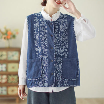 Buddha Stones Spring Fall Vintage Boho Button-Up Floral Tank Top Women's Vest With Pocket