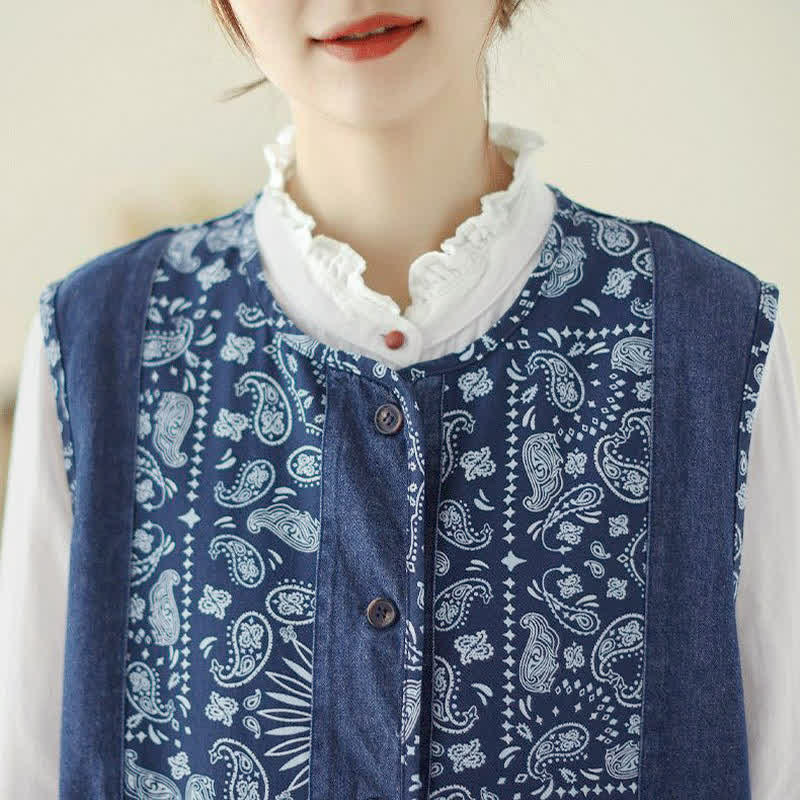 Buddha Stones Spring Fall Vintage Boho Button-Up Floral Tank Top Women's Vest With Pocket